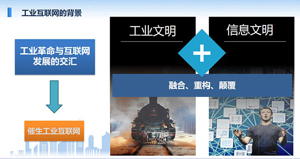 工業互聯網的背景:工業革命與互聯網發展的交匯催生出工業互聯網,工業文明加信息文明融合、重構、顛覆。