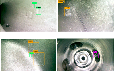 AI智能識(shí)別系統(tǒng)內(nèi)窺鏡損傷自動(dòng)識(shí)別示例：裂縫、缺損、腐蝕、嚴(yán)重積碳、凹陷等